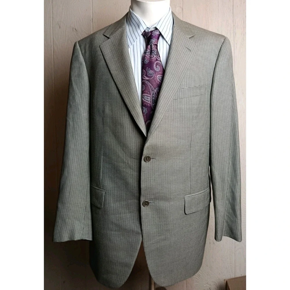 Canali 1934 Sport Coat Mens 44 Beige Houndstouth Wool Silk Blazer Jacket Italy